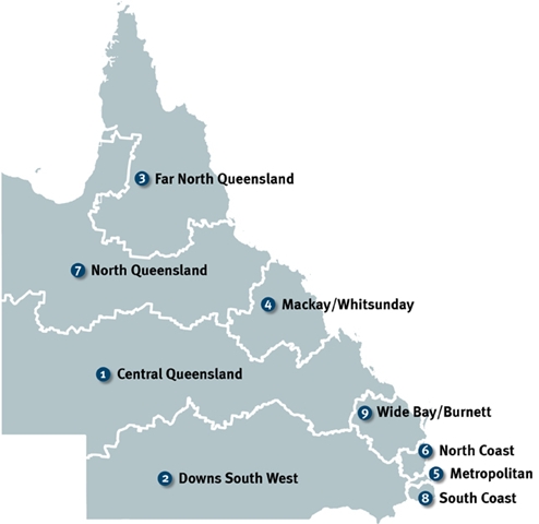 Map of Queensland broken into regions
