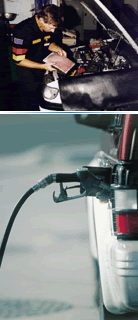 A person fixing a car, and an image of a person filling a car with petrol.