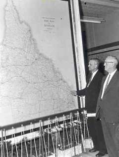 Former Main Roads Commissioner Charles Barton and the Hon. E. Evans, originators of The Road Plan for Queensland, 1963.