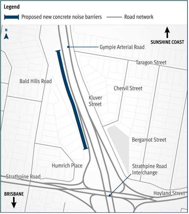  Gympie Arterial Road (Bald Hills), replace and improve noise barriers location map