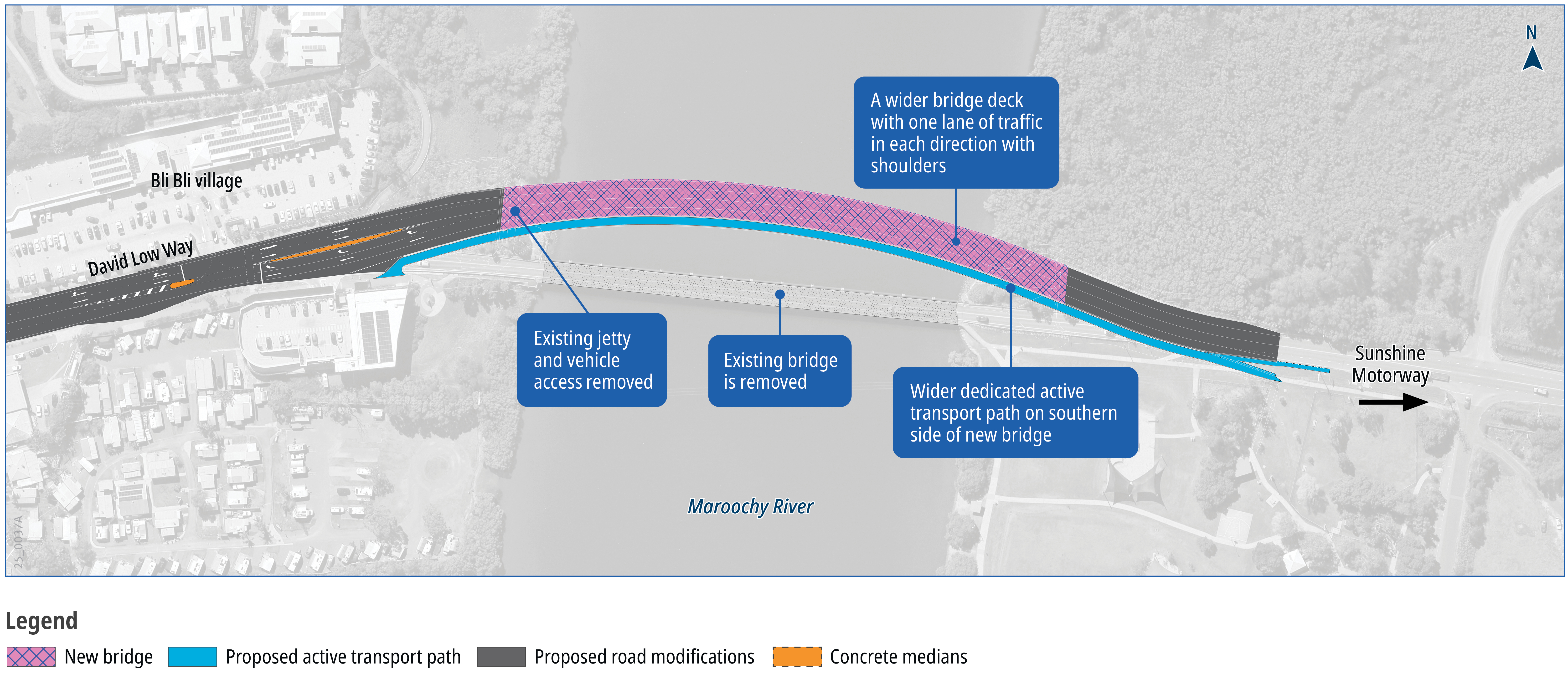 Proposed planning layout of Maroochydore - Noosa Road (David Low Way), Bli Bli Bridge upgrade project.