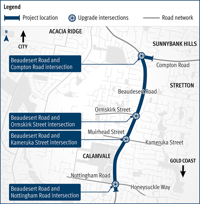 Project location map detailing the intersection upgrade location sites at 4 locations: Beaudesert Road and Nottingham Road intersection, Beaudesert Road and Kameruka Street, Beaudesert Road and Ormskirk Street intersection, Beaudesert Road and Compton Road intersection