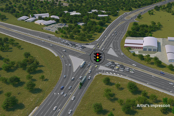 Rockhampton - Yeppon Intersection artist impression which is 4 roads with a traffic light intersection