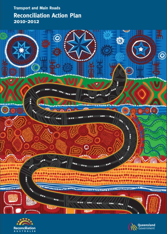 Cover page of Transport and Main Roads Reconciliation Action Plans (2010-2012) includes image or 'Travelling Gilimbaa' artwork