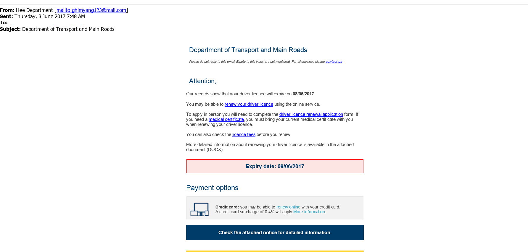 Scam Emails Department Of Transport And Main Roads - example of scam licence renewal email