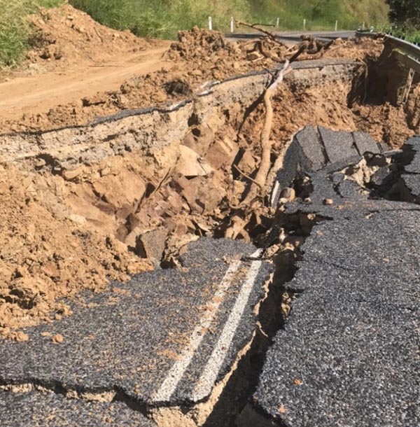 Damage sustained to Marlborough-Sarina Road along the Sarina Range as a result of STC Debbie in 2017.