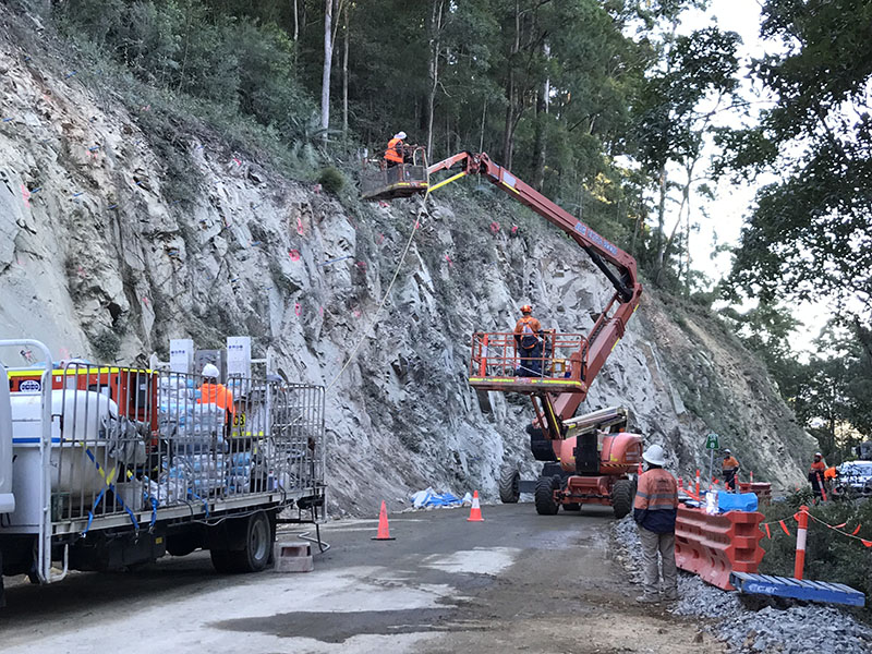 Reconstruction works on a landslip on Gold Coast-Springbrook Road