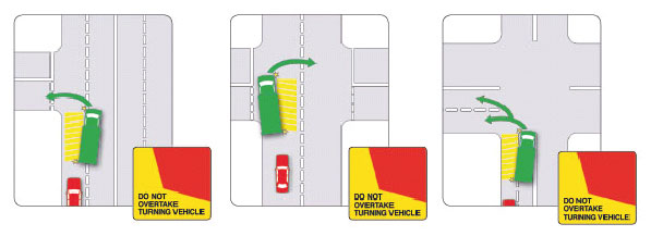 three images of turning trucks