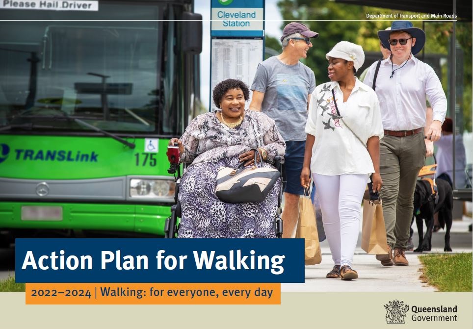 Front over of the action plan, showing women in a wheel chair talking to her friend that is walking.