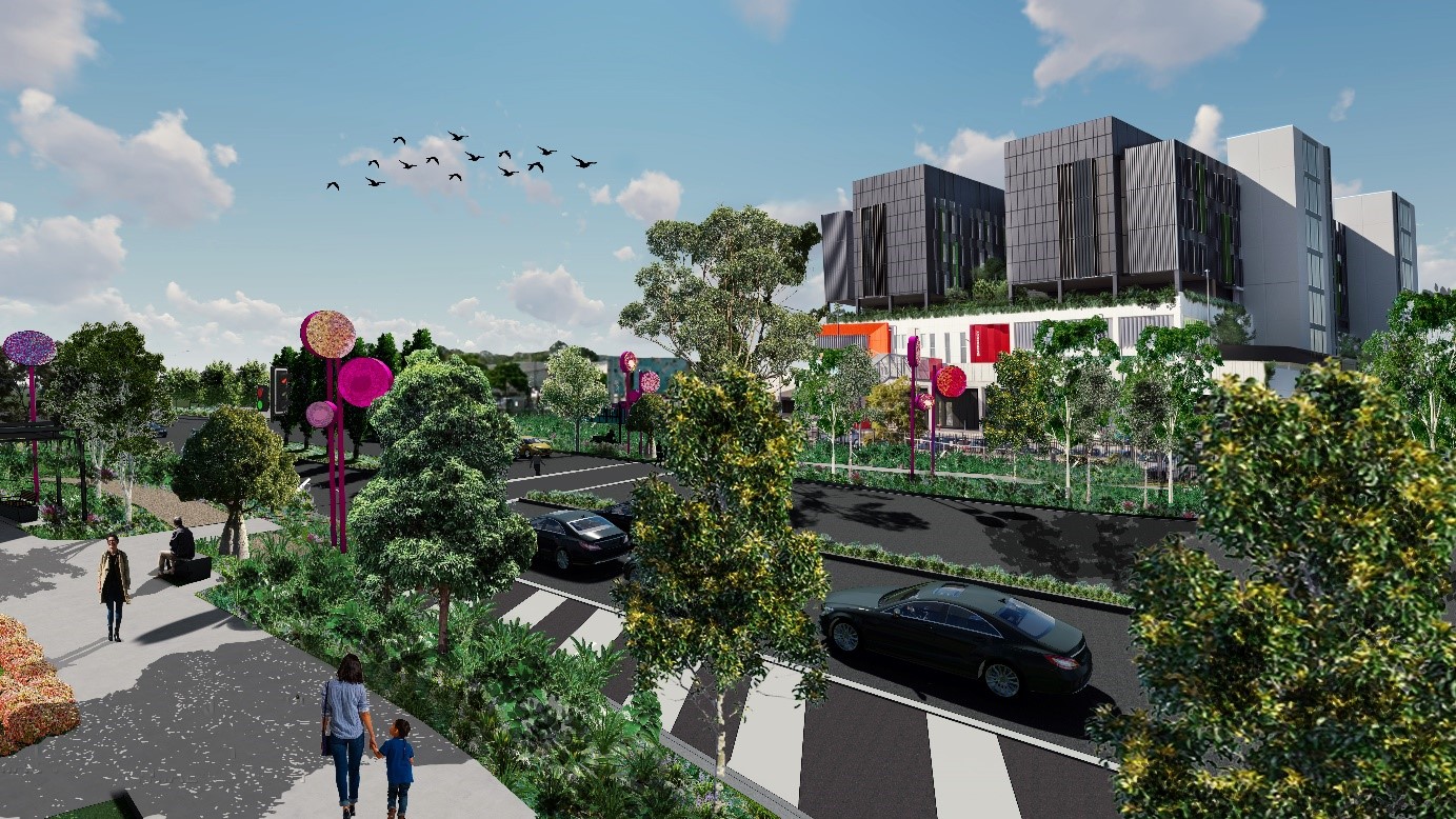 Artist impression image of the Loganlea Road Healthy Street Project showing buildings, roads, cars and pedestrians