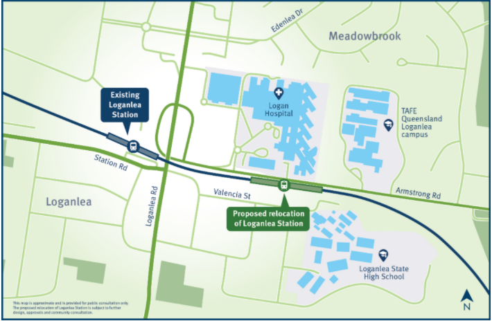 Map showing existing site and proposed relocation site for the Loganlea rail station, highlighting Logan hospital, TAFE and Loganlea State High School