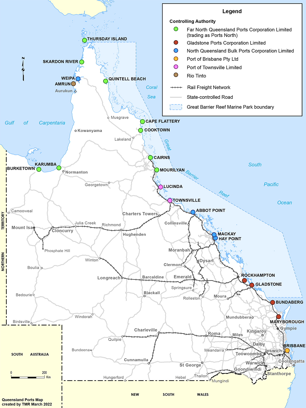 Map showing Queensland ports and their controlling authorities
