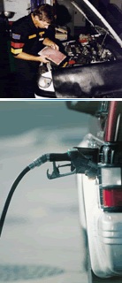 An image of a person fixing a car, and an image of a person filling a car with petrol.