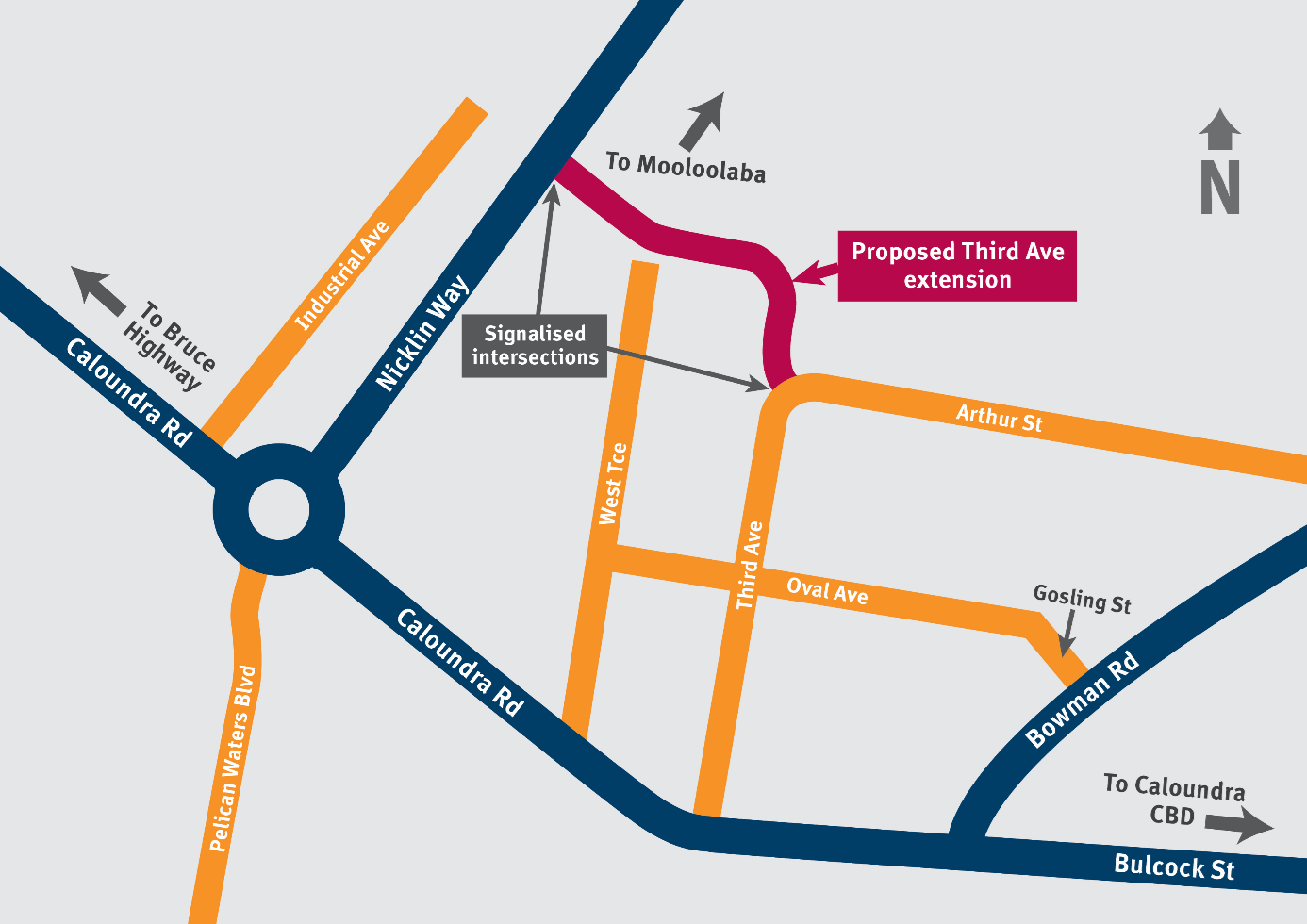 Nicklin Way, Third Avenue extension, new intersection location overview map - October 2023