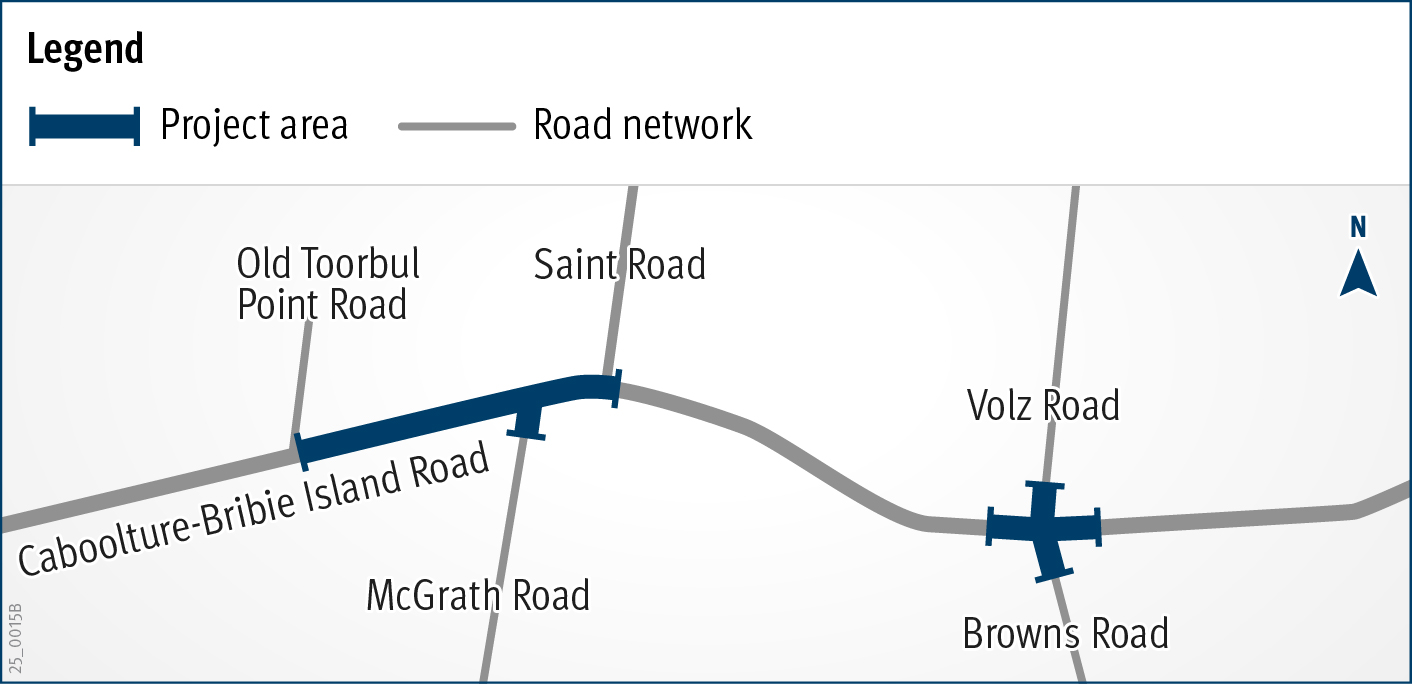 Project area showing from the intersection at Bribie Island Road and Old Toorbul Point Road to the intersection Volz Road, Bribie Island Road and Browns Road.