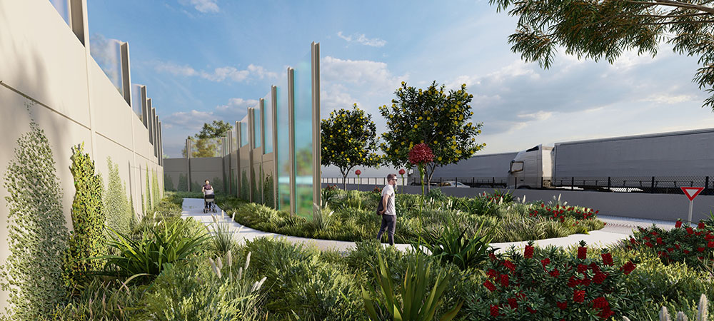 Artist’s impression: active transport path in Stage 1 North. Artist impression of walkway, greenery and noise reduction barriers on either side of pathway.