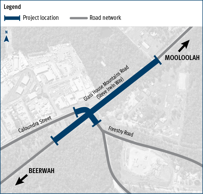 This is a map of the intersection of Glass House Mountains Road, known locally as Steve Irwin Way, and Caloundra Street, Landsborough. The map shows a highlighted stretch of road east and west of the intersection on Steve Irwin Way and a highlighted section, north on Caloundra Street and south on Forestry Road to illustrate where the works will be completed and a new signalised intersection delivered.