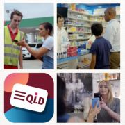Image made up of 4 smaller images. Smaller image top left-hand corner - A woman showing her phone screen to a man in a hi-visibility vest, in the parking area of a service station. Smaller image top right-hand corner  - A man and a boy in a chemist, talking over the counter to the chemist. Smaller image bottom left-hand corner Digital Licence Logo. Smaller image bottom right-hand corner - A woman behind a bar, using her phone to scan the phone of a customer who is showing her the phone screen.