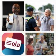 Image made up of 4  smaller images. Smaller image top left-hand corner - A man in a business short and tie, holding his phone screen to the camera, showing the Digital Licence app.  Smaller image top right-hand corner  - A woman showing her Digital Licence to a man in a Translink network officer uniform. . Smaller image bottom left-hand corner Digital Licence Logo. Smaller image bottom right-hand corner - A man showing his phone screen to an employee of a business, showing her his Digital Licence app.