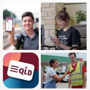 Image made up of 4  smaller images. smaller image top left-hand corner - A man wearing a backpack, showing his phone, which shows the Digital Licence app, to the camera. Smaller image top right-hand corner  - A woman sitting in a chair, looking at and typing on her phone. Smaller image bottom left-hand corner Digital Licence Logo. Smaller image bottom right-hand corner -  A woman showing her phone screen to a man in a hi-visibility vest, in the parking area of a service station.