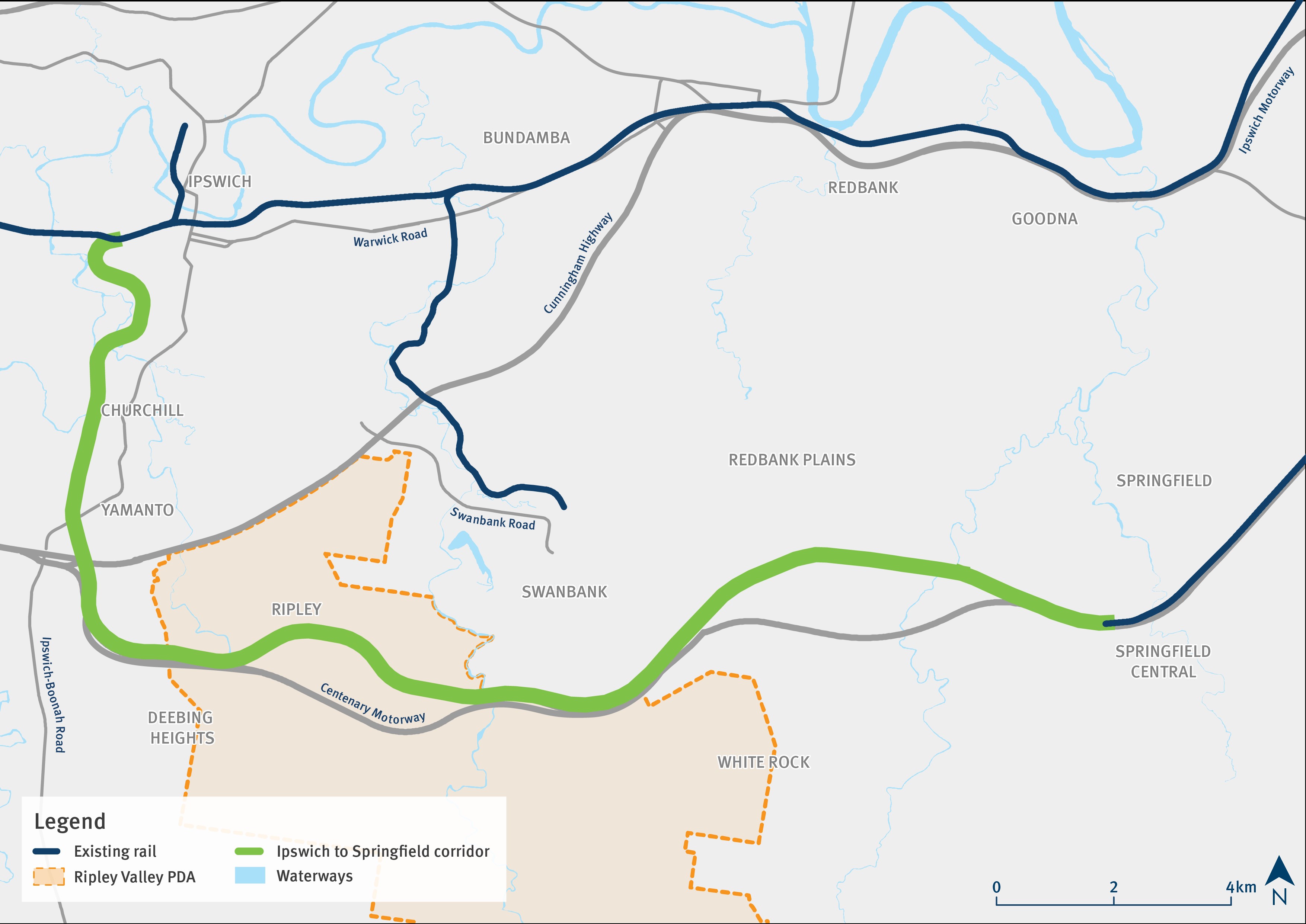 Map of study area of Ipswich to Springfield Public Transport Corridor