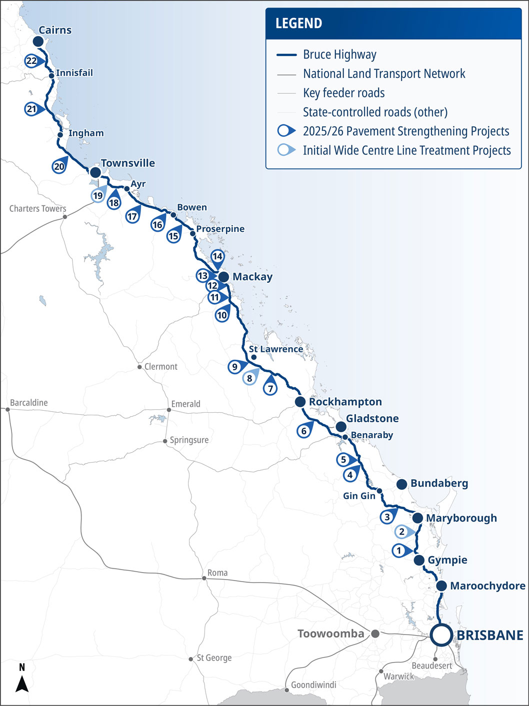 Map showing the 22 project locations of the major pavement strengthening works as part of the Bruce Highway Targeted Safety Program.