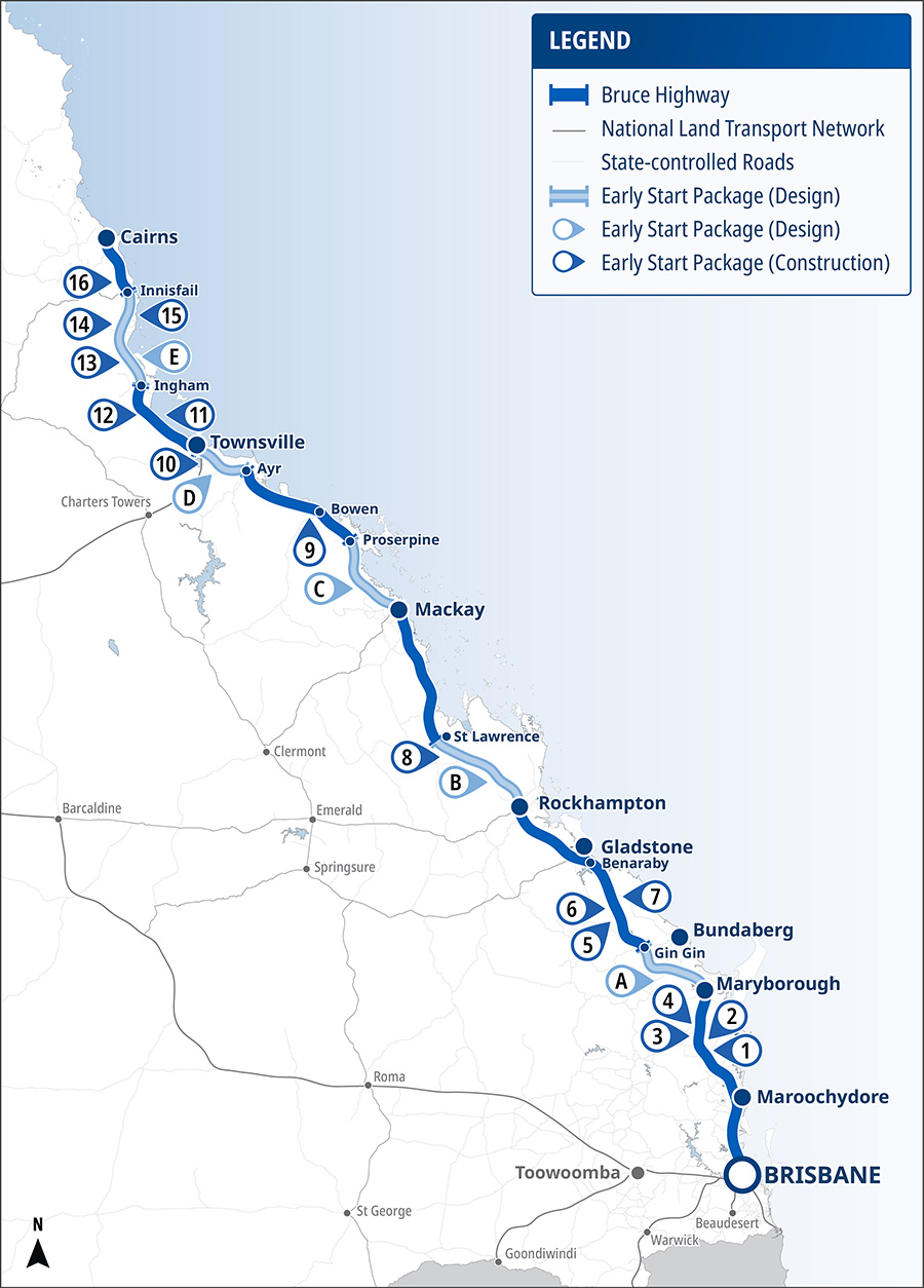 Map of Queensland showing the location of the Bruce Highway Targeted Safety Program early stage construction projects and early stage design sections.