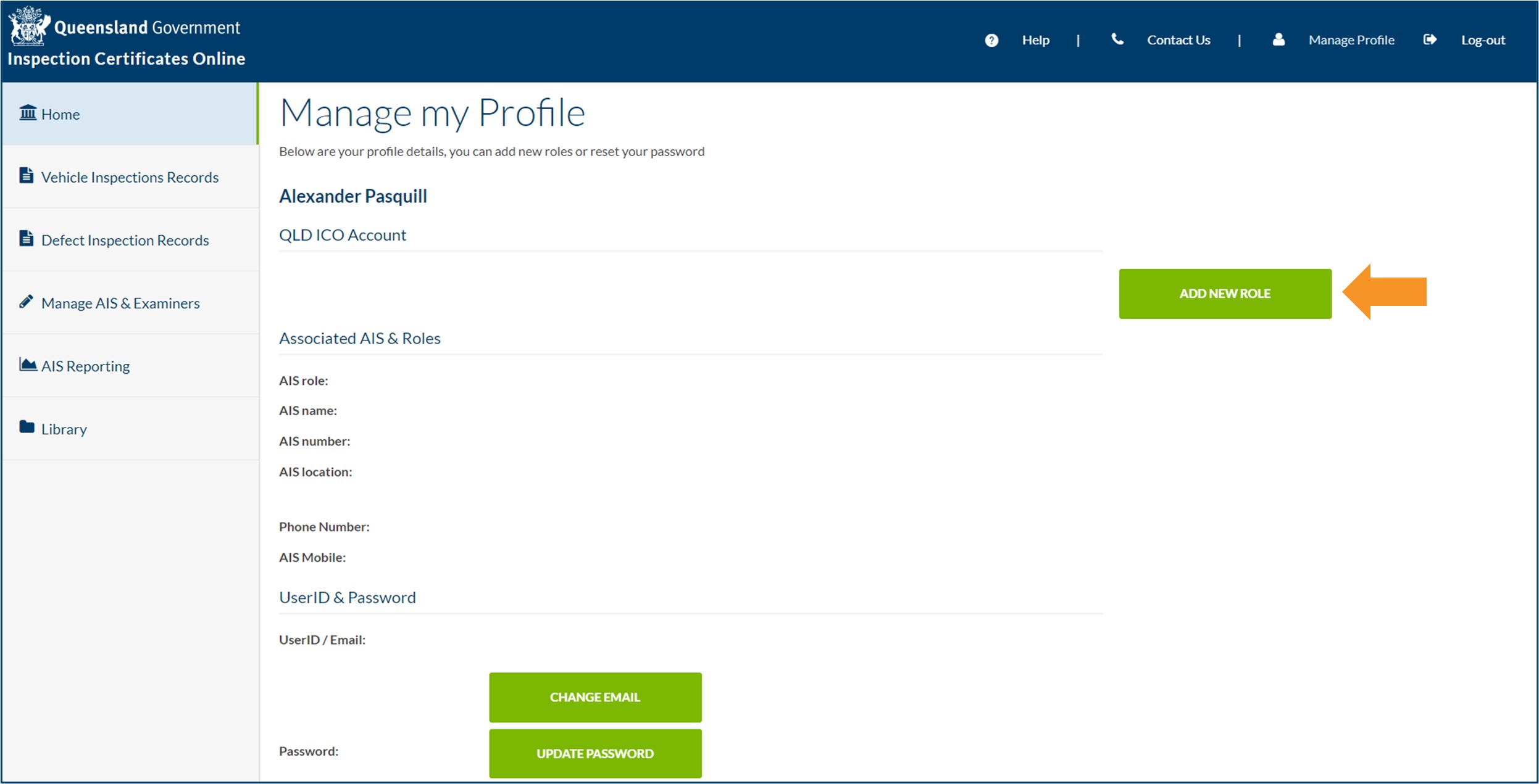 Inspection Certificates Online home screen with the ADD NEW ROLE button shown.