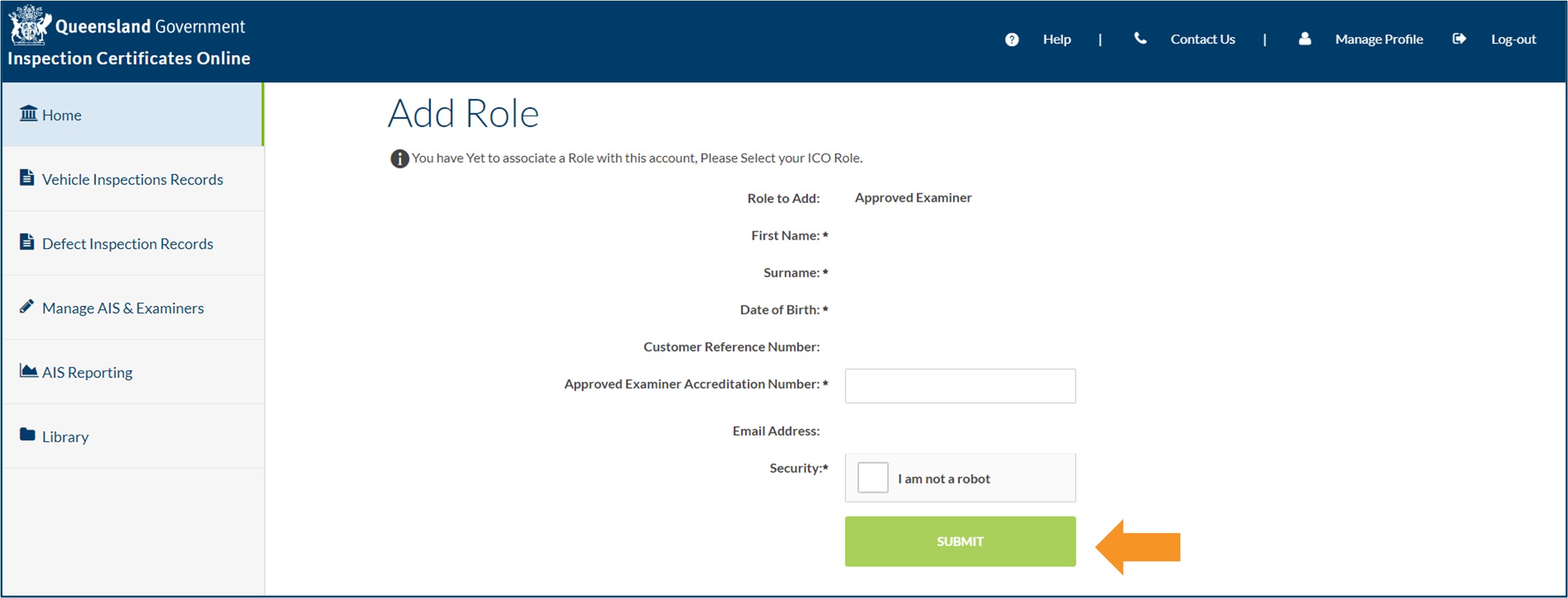 Inspection Certificates Online home screen with the SUBMIT button shown.