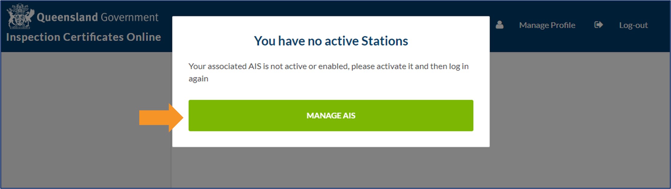 Inspection Certificates Online pop-up window indicating that the AIS you are associated with is inactive and the MANAGE AIS button.