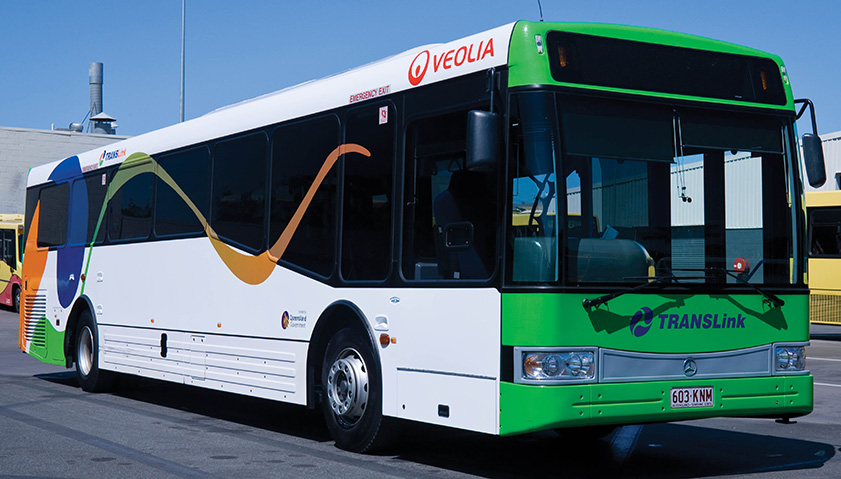 Photograph of front and side of bus