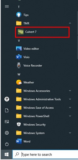 Windows Start menu showing location of installed Culvert 7 application highlighted by a red box.