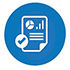 Blue circle with a white outline page that has a pie and bar graphs and a blue tick in a white circle at the bottom left of the page. 