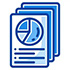 Three blue pages stacked on top of each other with a pie graph on the first page. 
