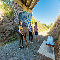 Persons and dog looking at trail