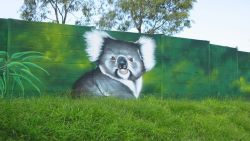 A mural of a koala painted on a roadside noise barrier.