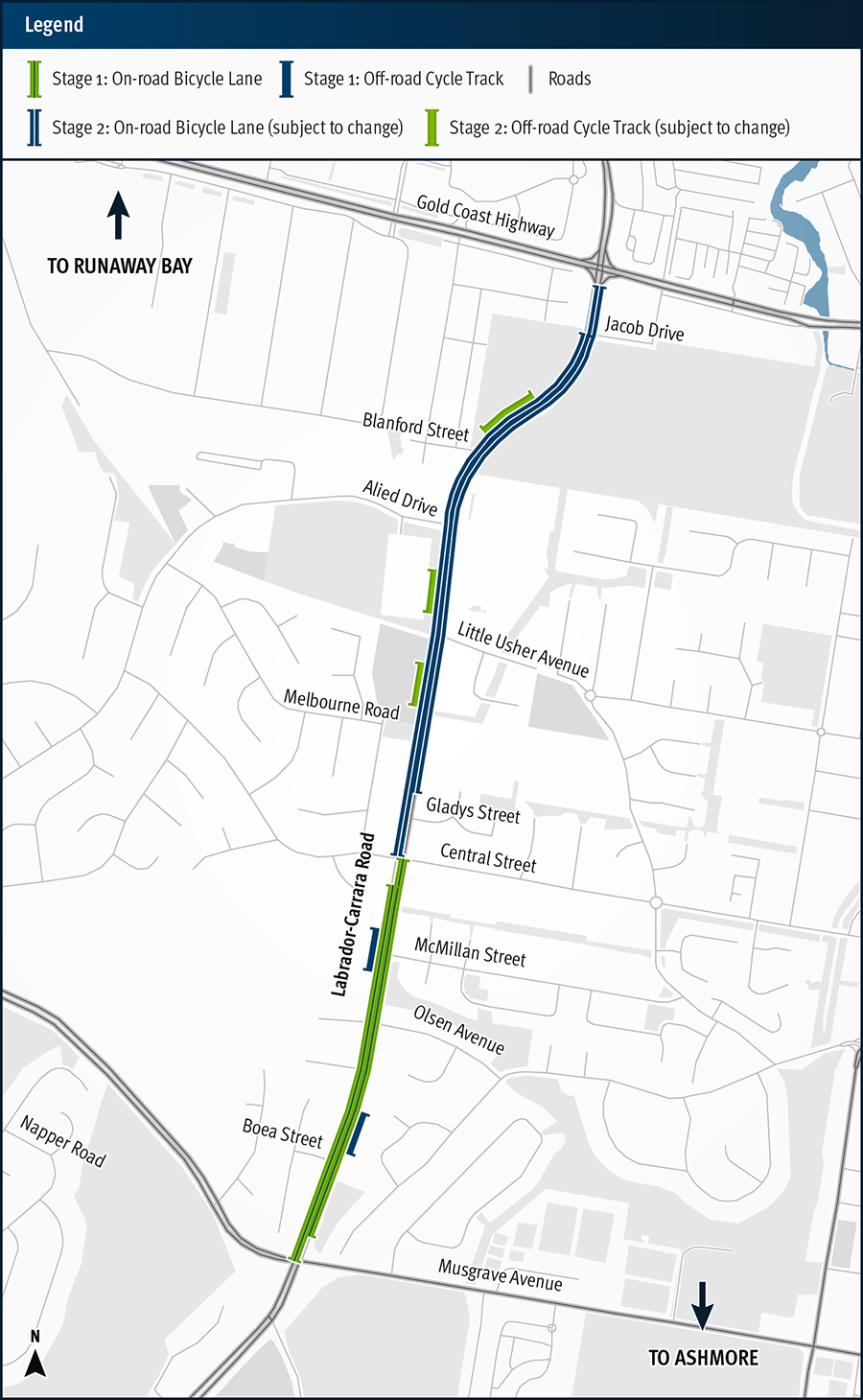 Map of proposed bikeway on Labrador–Carrara Road (Olsen Avenue) between the Gold Coast Highway and Napper Road intersections