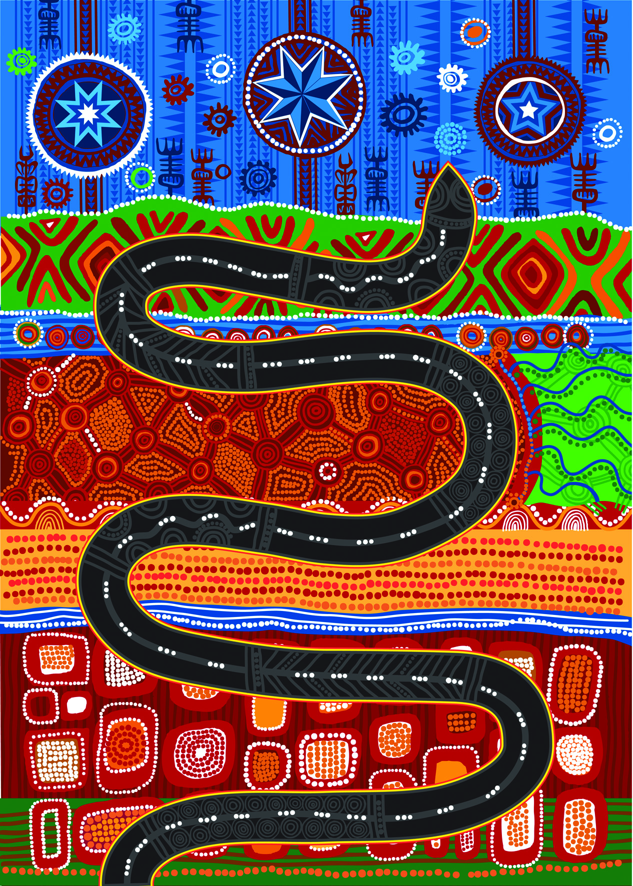 The artwork’s journey begins at the bottom, with the Rainbow Serpent slowly meandering its way northwards, creating and forming the land. The bold red rectangular motifs represent the built-up urban cityscape of South-East Queensland. The bright golden dotted strip indicates our beautiful coastline and magnificent beaches. Moving out west over the Great Dividing Range and into dry, arid country, before being engulfed by the rainforest region of Cape York. The serpent’s head is situated at the tip of Queensland, with the blue colour representing the pristine waters of the Torres Strait Islands.
