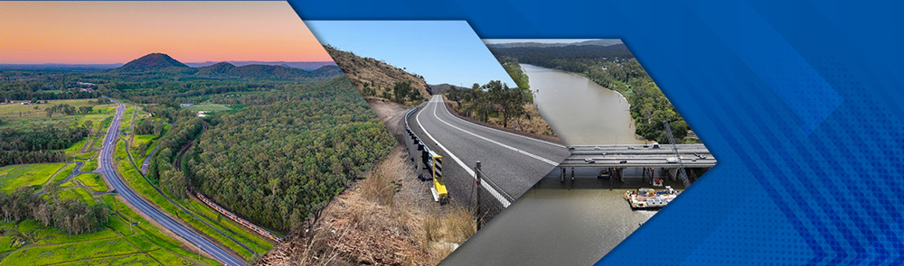 Three images in an arrow outline on a striped blue background. First image is an aerial shot of a highway with mountains in the background, second image is a highway with bushes on either side and third image is of a bridge over a river with cars on it.