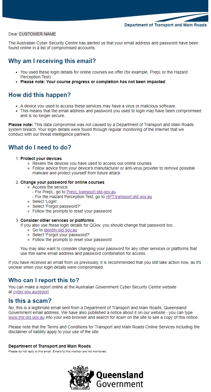 Sample PrepL/HPT email sent from TMR - text on page