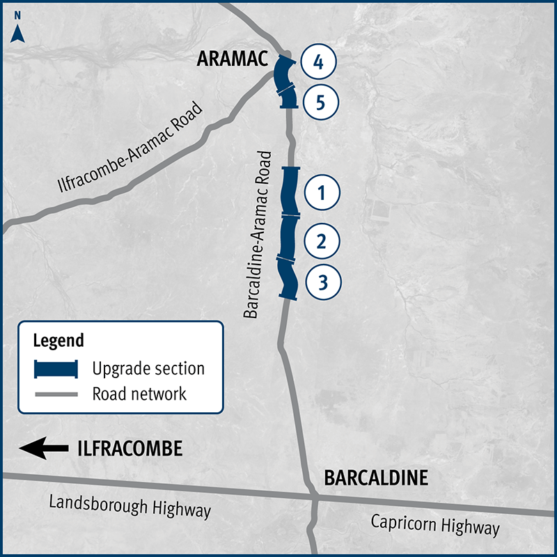 Five separate projects on Barcaldine - Aramac Road marked on a location map.