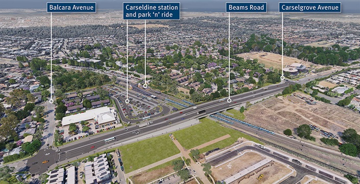 Aerial view looking towards Bracken Ridge with the new Beams Road overpass in the foreground. It shows Balcara and Beams intersection on the left and Carselgrove and Beams intersection to the right of the image. 