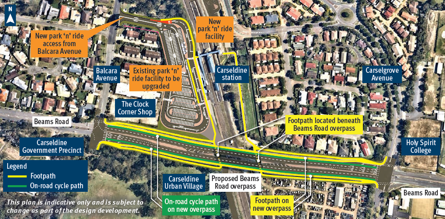 Project map of Beams Road (Carseldine and Fitzgibbon) Rail Level Crossing project. This plan is indicative only and is subject to change as part of the design development.
