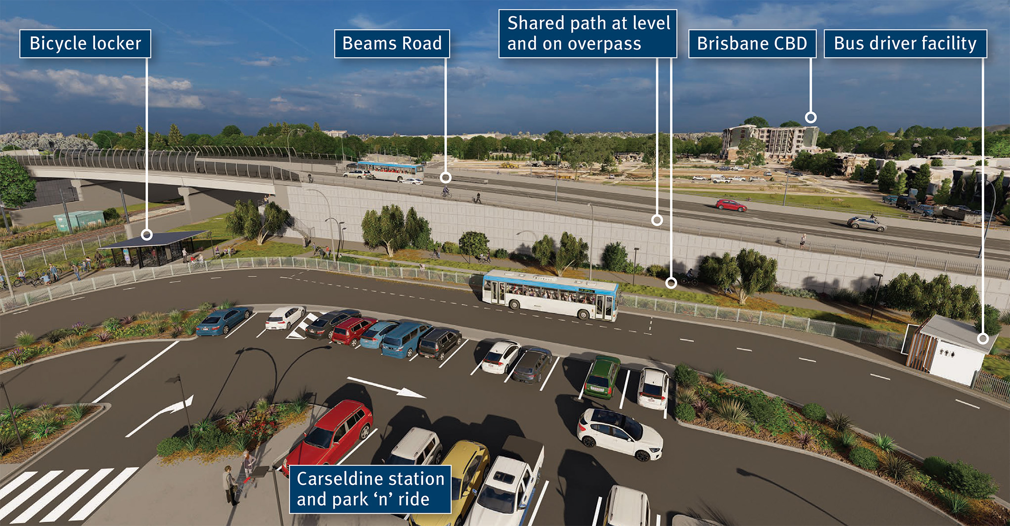 View of the new overpass from inside the Carseldine park 'n' ride facility looking towards Brisbane CBD.  It shows the new bicycle locker to the left, the end of trip bus driver facility to the right, the dedicated bus lane on the inside of the park 'n' ride facility and also the shared path at level and on the structure itself. 