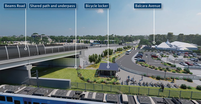 View from the existing train lines, looking towards the Clock Corner Shops and the new overpass. Image shows new dedicated bus lane with the park 'n' ride facility and the new bike lockers and racks.