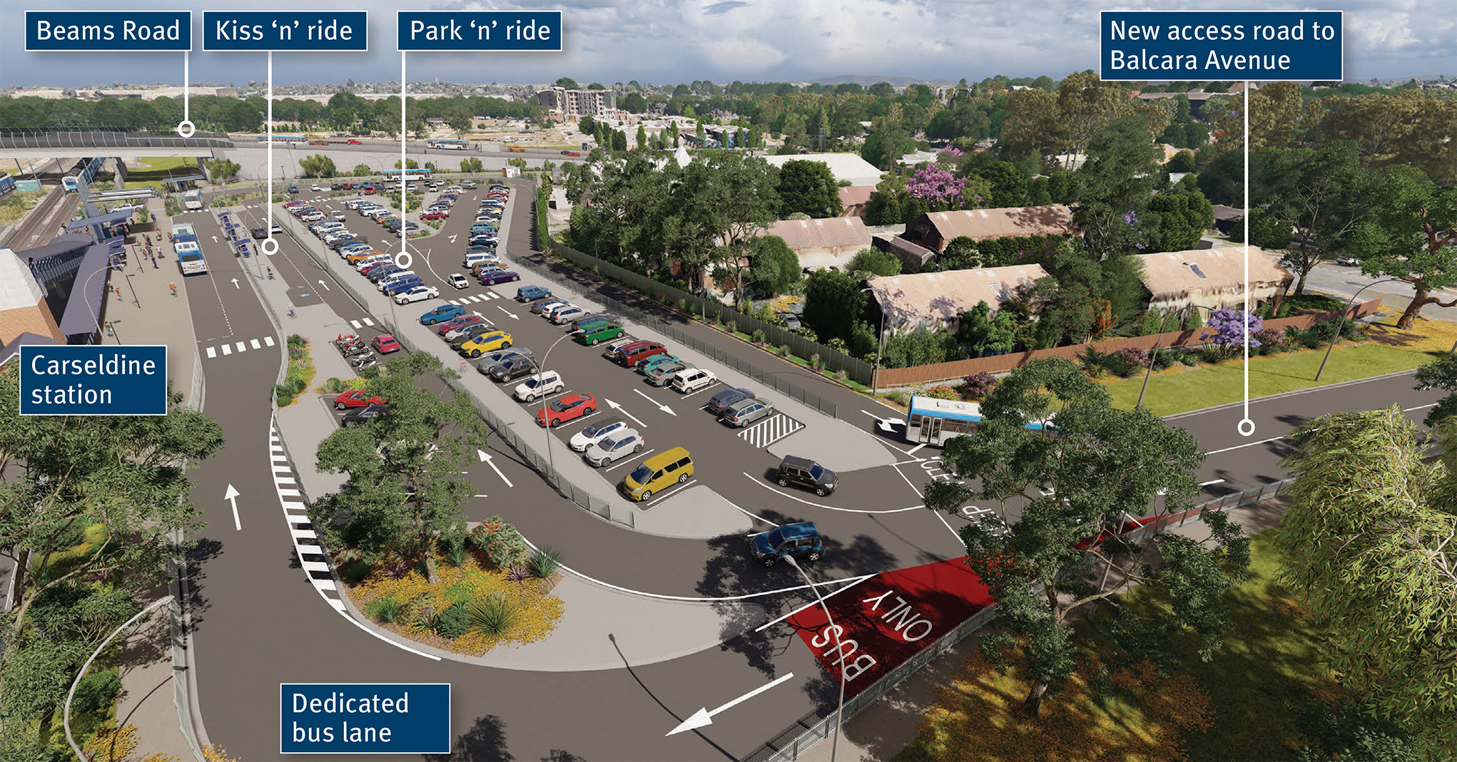 View from the existing train lines, looking towards the Clock Corner Shops and the new overpass. Image shows new dedicated bus lane with the park 'n' ride facility and the new bike lockers and racks.