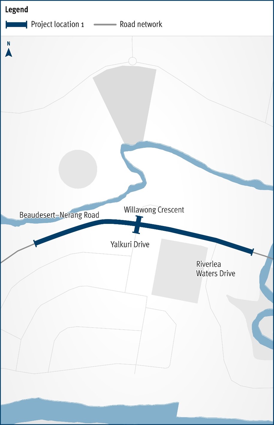 The map shows the locality of the proposed Beaudesert-Nerang Road, Yalkuri Drive and Willawong Crescent intersection upgrade. Beaudesert is located to the west and Nerang to the east of the project location. A solid dark blue line indicates the project extent, which encompasses Yalkuri Drive south of the intersection and Willawong Crescent north of the intersection, as well as Beaudesert–Nerang Road, which is located west and east of the intersection. The local road network, Riverlea Waters Drive is also highlighted on the map.