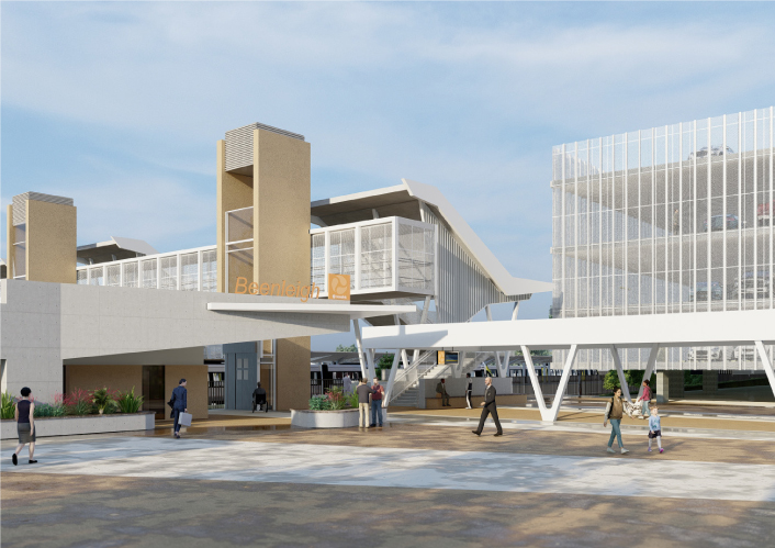 Artist impression of Beenleigh Train station showing carpark, pedestrian overpass and lift and stair access. 