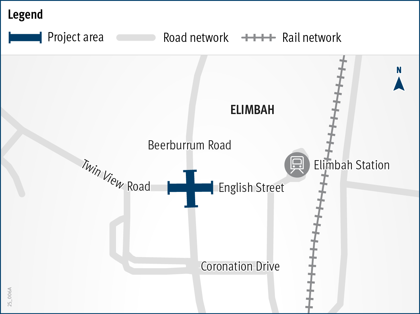 A map showing the project location at the intersection of Beerburrum Road, Twin View Road and English Street, Elimbah.