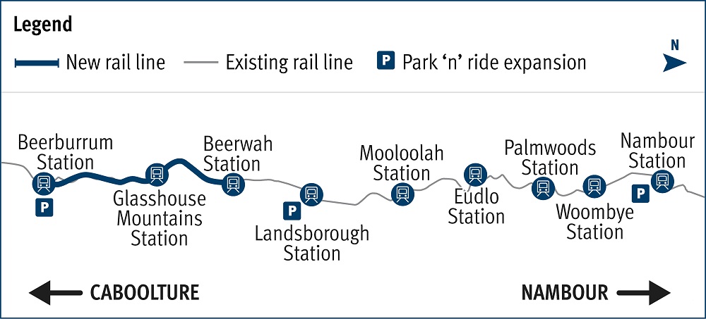 Project location map of the new rail line that will run from Beerburrum Station to Glasshouse Mountains Station to Beerwah Station.
